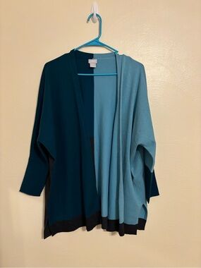 Chico’s Colorblock Open Front Cardigan Teal Blue Black S/M Soft Knit